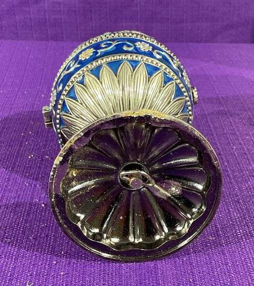 Collectible Jeweled Enameled Blue Pedestal Music Box