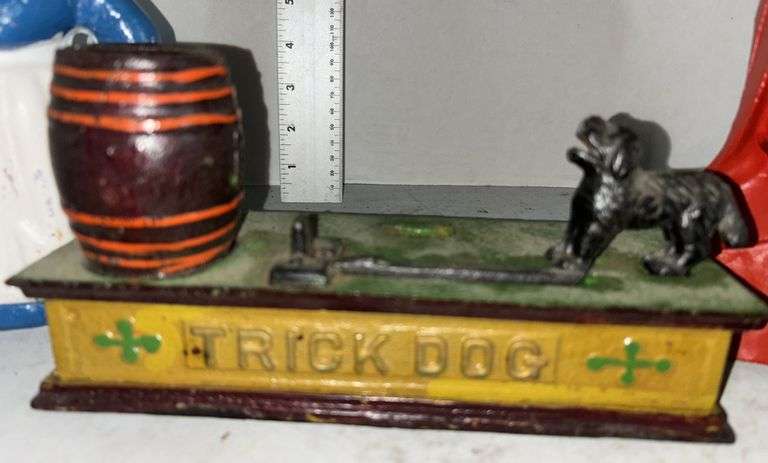 Cast Iron "Trick Dog" Mechanical Bank, Cast Iron Mammy Bank & Lucky Charles Lindberg Cast Iron Bank
