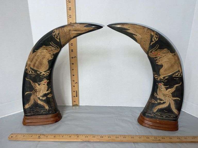 Intricately Hand Carved Asian Water Buffalo Horns- from Thailand