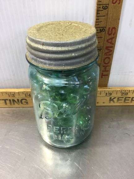 Burlap Sack With Ball Canning Jar Of Marbles