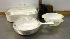 Corning Ware Baking Dishes With PYREX Lids, 2 Fire-King Bowls and 4 Amber Colored Glasses