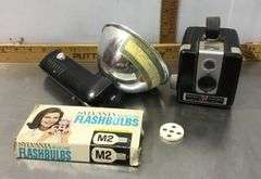 Kodak Brownie Hawkeye Camera, Kodak Flash Holder and Sylvania Flashbulbs