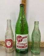 Vintage Beverage Bottles & 7 Striped Iced Tea Glasses