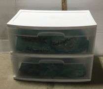 2-Drawer Sterilite Storage With White String Lights - Some Lights Have Power When Plugged In