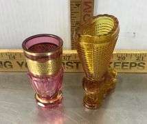 L.E. Smith Amber Glass Boot and Moser Cranberry Glass Toothpick Holders