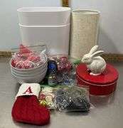 Cast Iron Small Bunny, Christmas Ornaments, Plastic Bowls, Desk Lamp(lights up), Waste Baskets & Mor