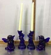 Cobalt Blue Angel Candlestick Holders and 2 Candles