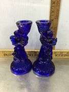 Cobalt Blue Angel Candlestick Holders and 2 Candles