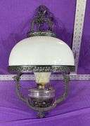 Antique Hanging Cast Iron Milk Glass Oil Lamp Converted To Electric Bulb