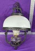 Antique Hanging Cast Iron Milk Glass Oil Lamp Converted To Electric Bulb