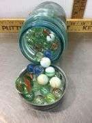 Burlap Sack With Ball Canning Jar Of Marbles