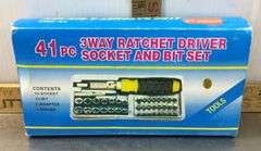 Handi Works Drill (has power), Scriber (has power), Bucket, 3 Way Ratchet Drivet Set and More