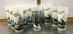 1950’s Michigan Souvenir Glasses, Soo Locks (3), Hatrwick Pines (1), Mackinac Bridge (7)