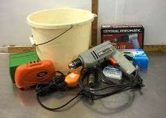 Handi Works Drill (has power), Scriber (has power), Bucket, 3 Way Ratchet Drivet Set and More