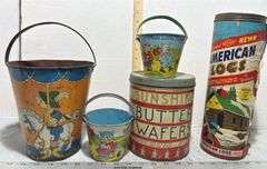 Sunshine Butter Wafers Tin, American Logs Container & Vintage Metal Sand Buckets