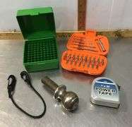 Handi Works Drill (has power), Scriber (has power), Bucket, 3 Way Ratchet Drivet Set and More