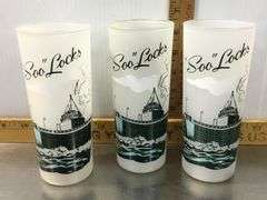 1950’s Michigan Souvenir Glasses, Soo Locks (3), Hatrwick Pines (1), Mackinac Bridge (7)