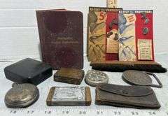 Matchboxes, Mechanics Pocket Memorandum Book, One Cent Indian Head Belt Buckle & More!