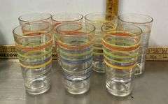Vintage Beverage Bottles & 7 Striped Iced Tea Glasses