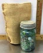 Ball Canning Jar With Marbles and Burlap Sack
