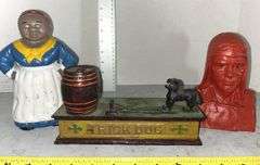 Cast Iron "Trick Dog" Mechanical Bank, Cast Iron Mammy Bank & Lucky Charles Lindberg Cast Iron Bank