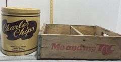 RC Cola Wooden Soda Crate & Charles Chips Tin