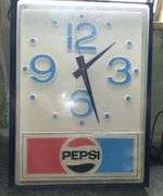 1970's Pepsi Lighted Clock Sign- 42”T  X 30"W X 8” D, Lights Up + Clock Works