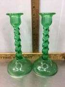 Green Uranium Depression Glass Twisted Candlestick Holders
