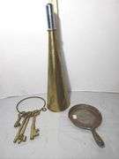 Antique Brass Fog Horn, Ring of Large Skeleton Keys & 4" Frying Pan