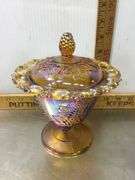 Bohemian Cobalt Blue Glass Vase, Murano Glass 24KT. Gold Paint Vase and Marigold Iridescent Harvest 