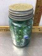 Burlap Sack With Ball Canning Jar Of Marbles