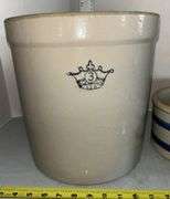 3 gallon Blue Crown Salted Glazed Stoneware Crock & Blue Striped Stoneware
