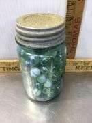 Burlap Sack With Ball Canning Jar Of Marbles