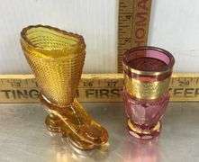 L.E. Smith Amber Glass Boot and Moser Cranberry Glass Toothpick Holders
