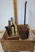 Wooden Crate with Copper Ladle 6" Cast Iron Pan, & Block of Knives