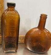 Tote with Lid Filled with Vintage Glass Bottles