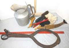 Mid 20th Century Aluminum Water Pitcher, Antique Ice Tongs and Cleaning Brushes
