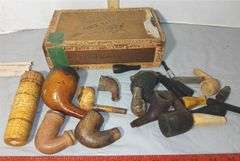 Early 20th Century Chief Battle Cigar Box, Clay Pipe Pieces and Cigarettes