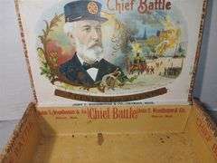 Early 20th Century Chief Battle Cigar Box, Clay Pipe Pieces and Cigarettes