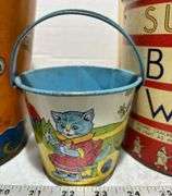 Sunshine Butter Wafers Tin, American Logs Container & Vintage Metal Sand Buckets