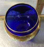 Bohemian Cobalt Blue Glass Vase, Murano Glass 24KT. Gold Paint Vase and Marigold Iridescent Harvest 