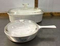 Corning Ware Baking Dishes With PYREX Lids, 2 Fire-King Bowls and 4 Amber Colored Glasses
