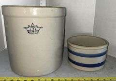 3 gallon Blue Crown Salted Glazed Stoneware Crock & Blue Striped Stoneware
