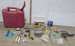 Gas Can, Assorted Sprinker Heads, Razor Dog Lead