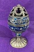 Collectible Jeweled Enameled Blue Pedestal Music Box