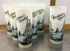 1950’s Michigan Souvenir Glasses, Soo Locks (3), Hatrwick Pines (1), Mackinac Bridge (7)