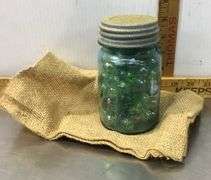 Burlap Sack With Ball Canning Jar Of Marbles
