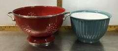Large Red Enamel Colander and Cravings Melamine Bowls