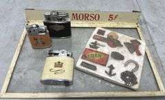 Morso Glass Cigar Box Cover, Ronson Lighter, Royal Star Automatic Mini Lighter, Omega Lighter & Tin 