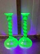Green Uranium Depression Glass Twisted Candlestick Holders